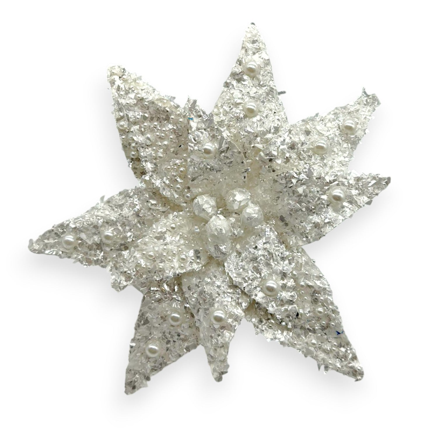 POINSETTIA WHITE TINSEL 9"D Chan's Silk Flowers, inc