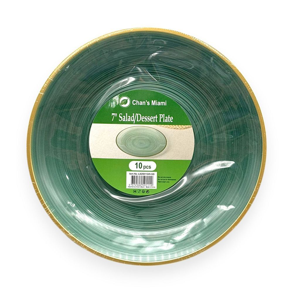 Green Plastic Plates with Gold Rim 10pcs