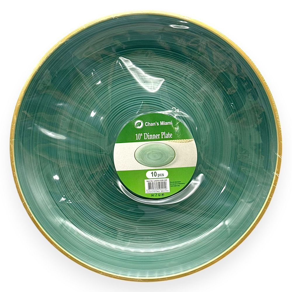 Green Plastic Plates with Gold Rim 10pcs
