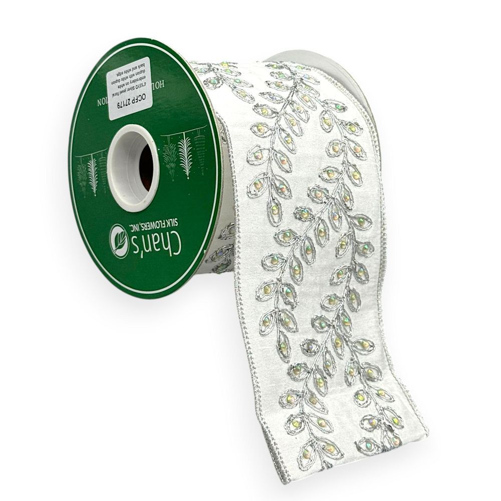 White with Iridescent Leaf Ribbon 4"x 5YD