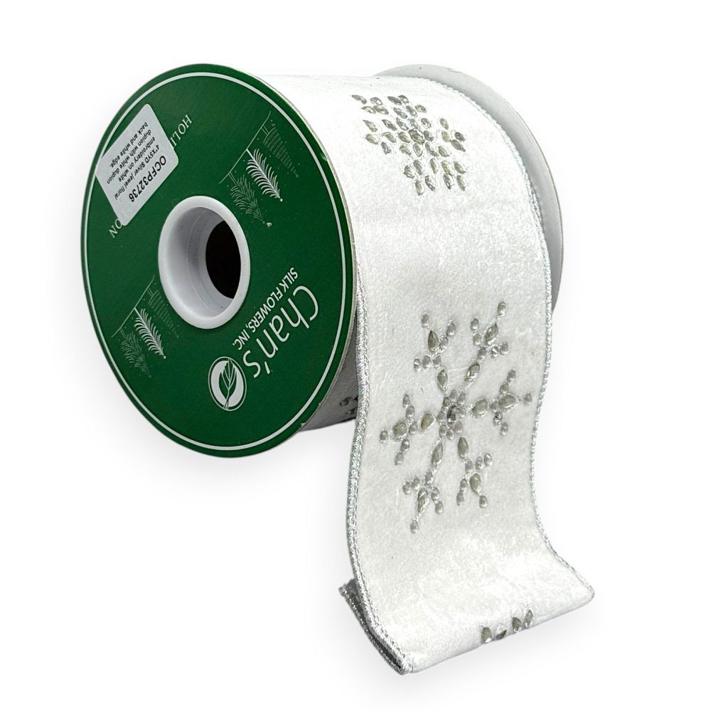 White Velvet Snowflake Ribbon 4"x 5YD