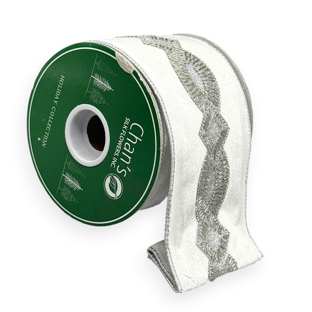 White Velvet Ribbon with Silver Bead Stripe 4"x 5YD