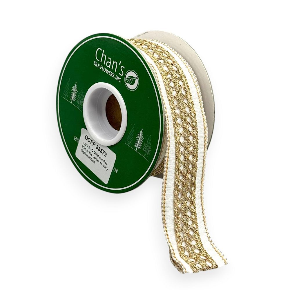 Ivory & Gold Crochet Trim Ribbon 1.5" x 5YD
