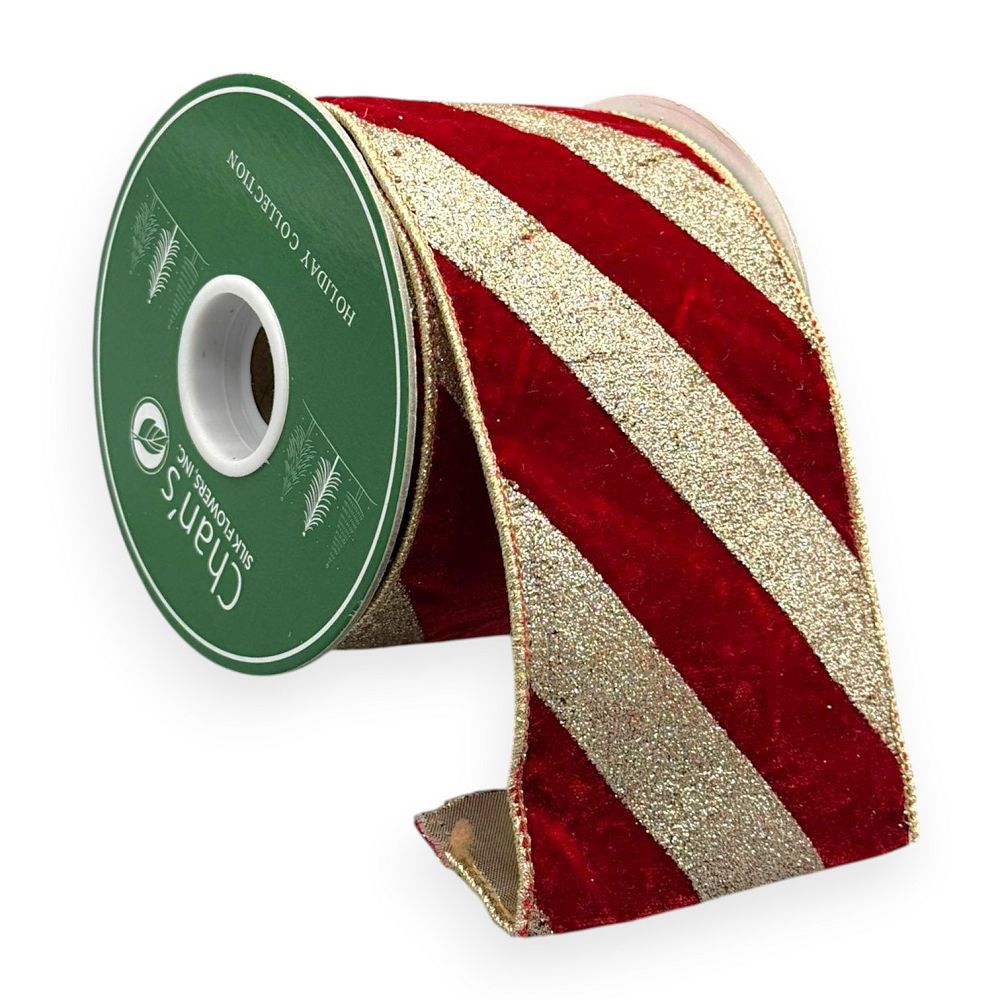 Red & Gold Stripe Velvet Ribbon 4"x 5YD
