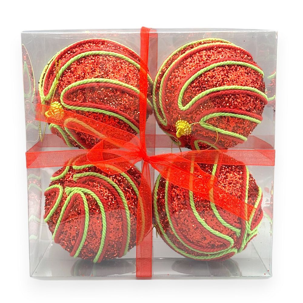 Red & Green Glitter Swirl Ornaments – Set of 4