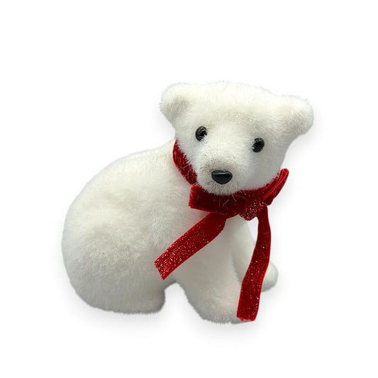 Flocked Polar Bear with Red Scarf 5"