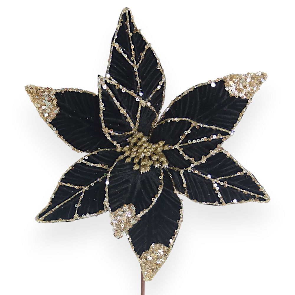 Velvet Poinsettia Pick with Glitter & Sequin Accents – 11"