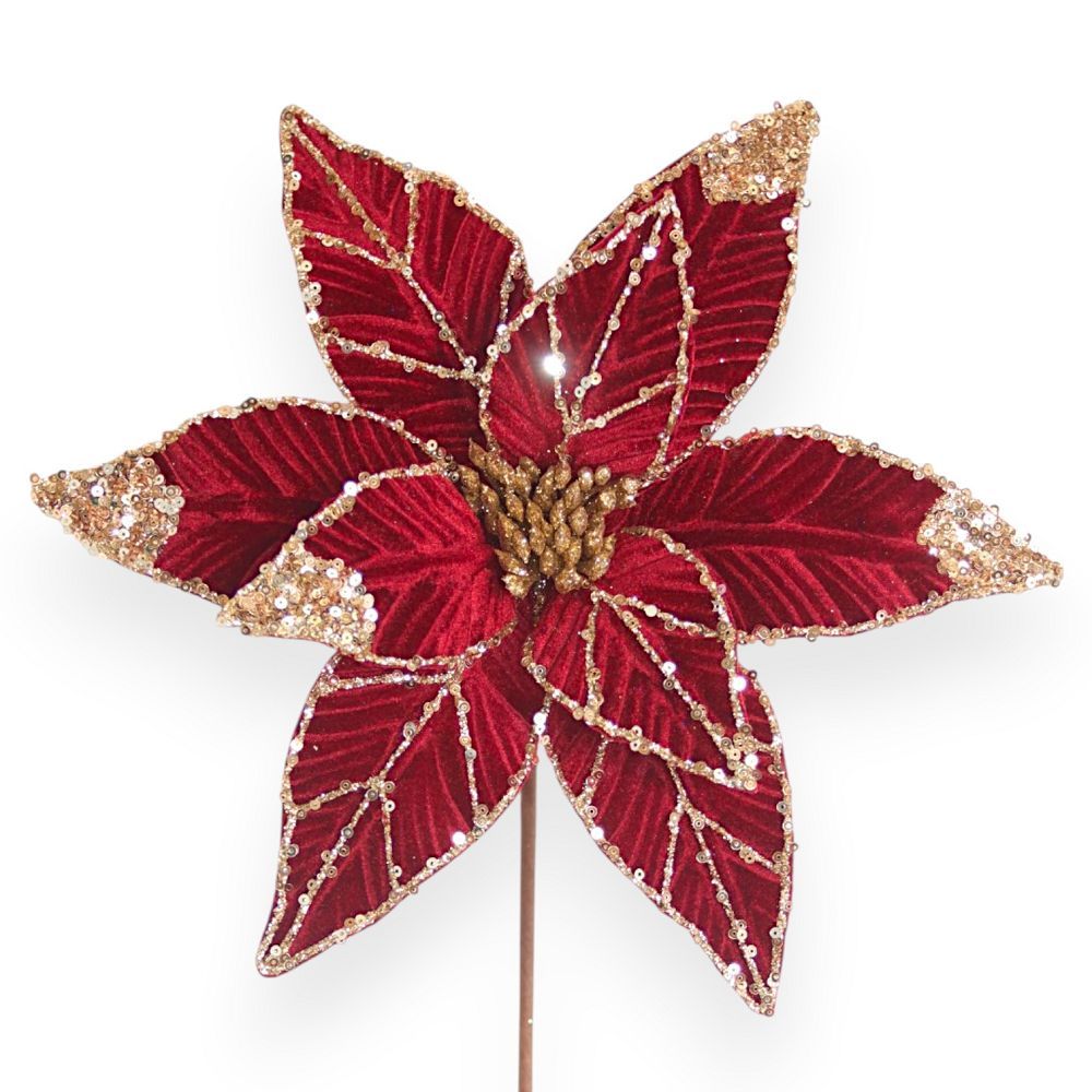 Velvet Poinsettia Pick with Glitter & Sequin Accents – 11"