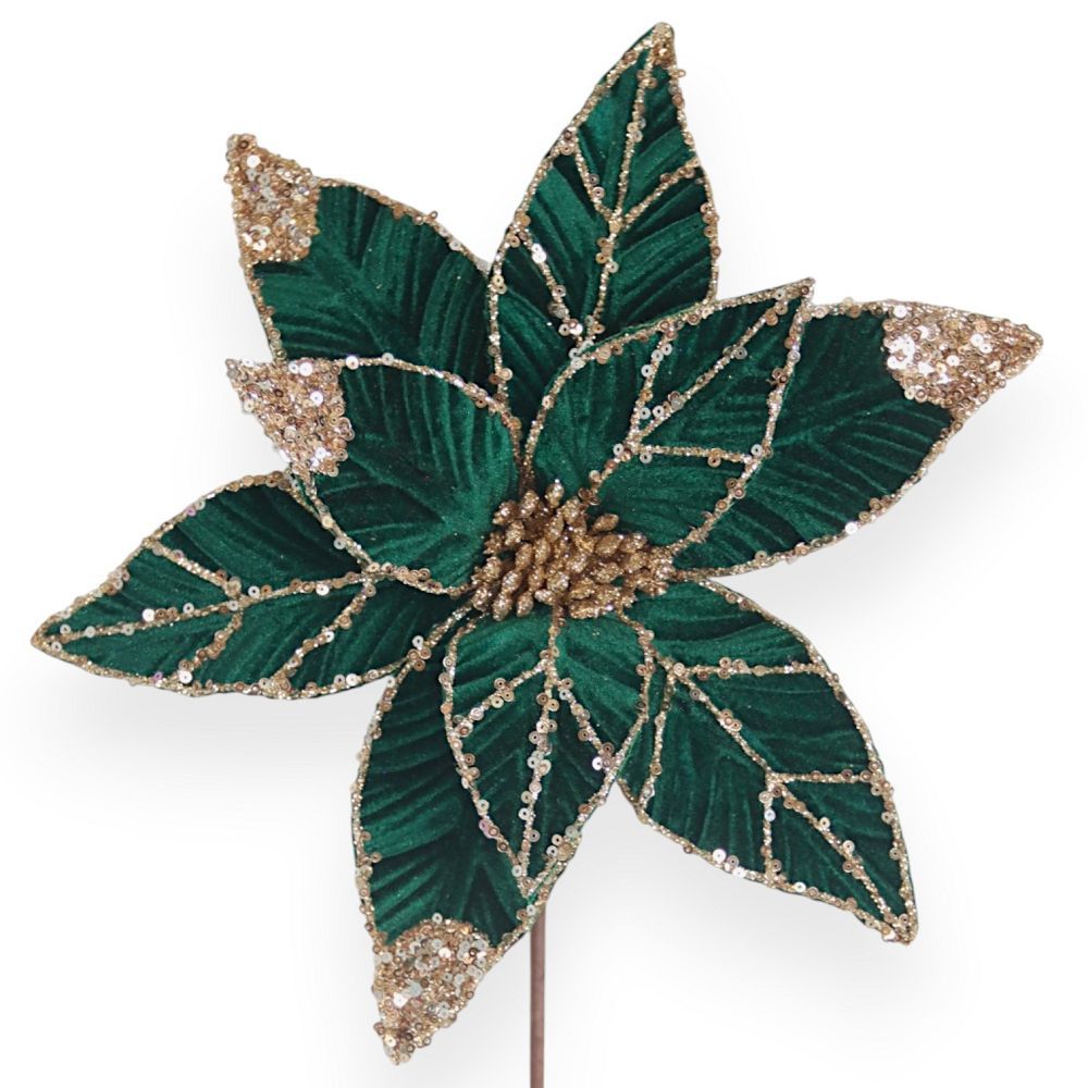 Velvet Poinsettia Pick with Glitter & Sequin Accents – 11"