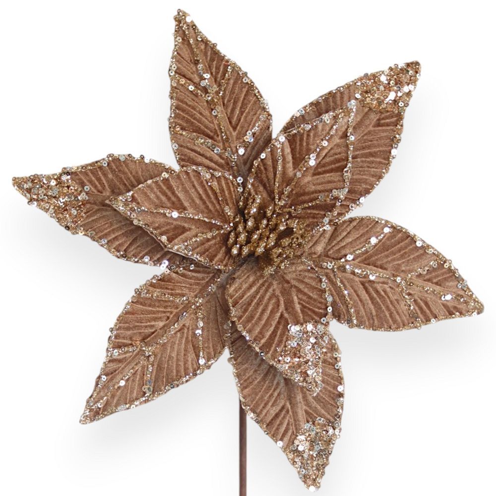 Velvet Poinsettia Pick with Glitter & Sequin Accents – 11"