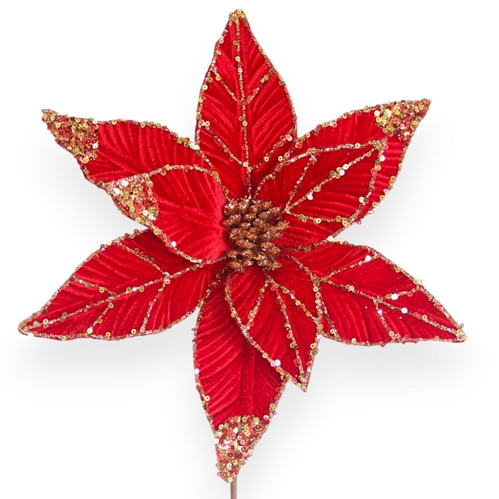 Velvet Poinsettia Pick with Glitter & Sequin Accents – 11"