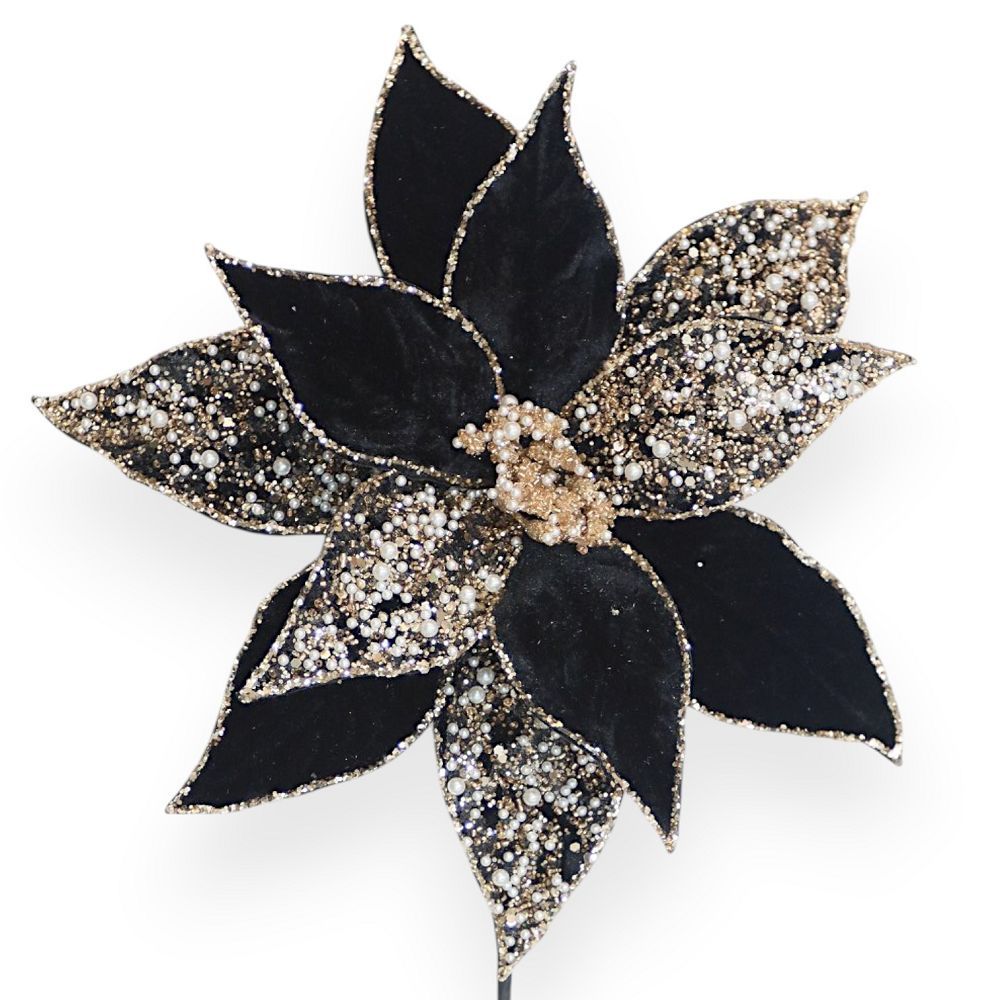 Beaded Velvet Poinsettia Stem 11"