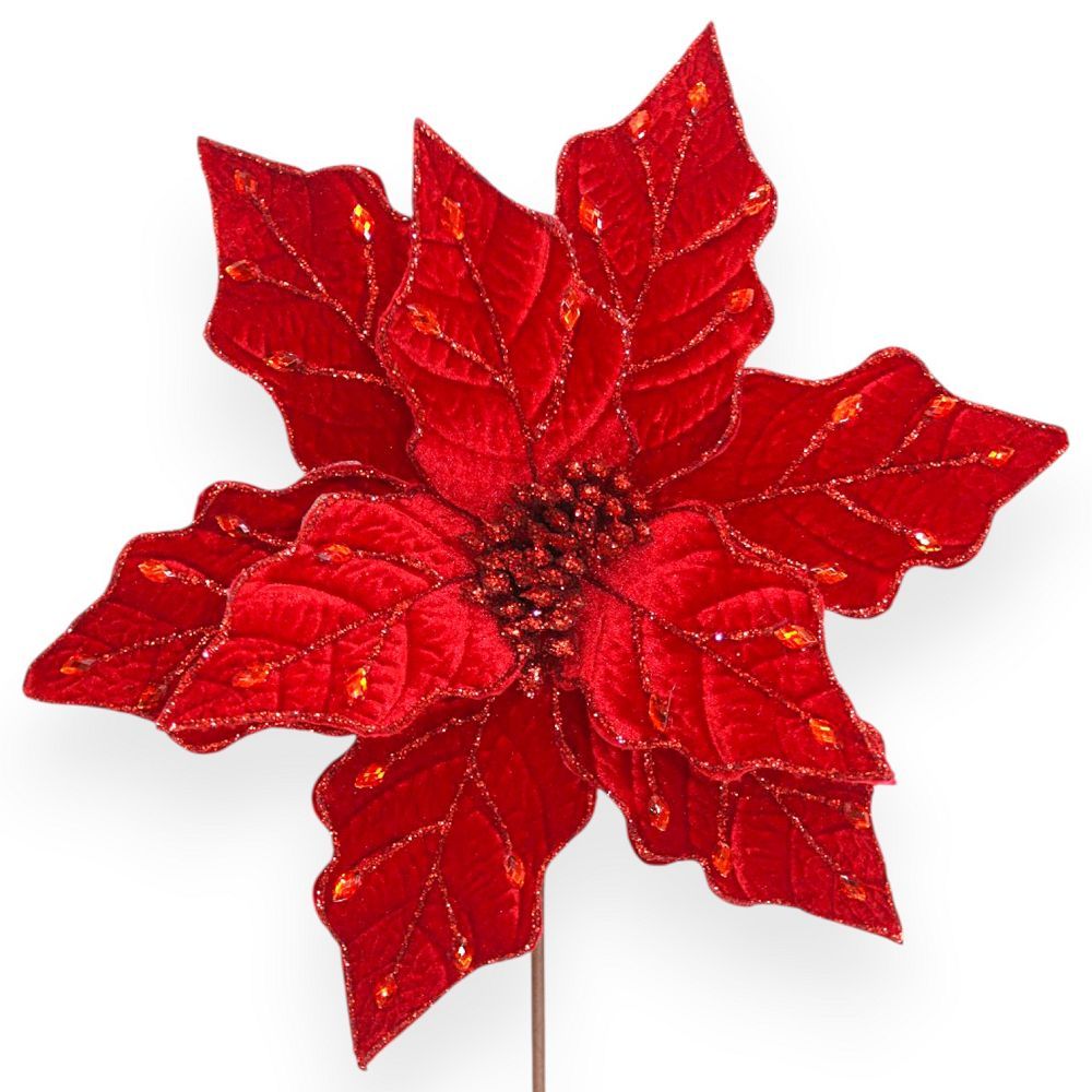 Jeweled Velvet Poinsettia Stem 12"