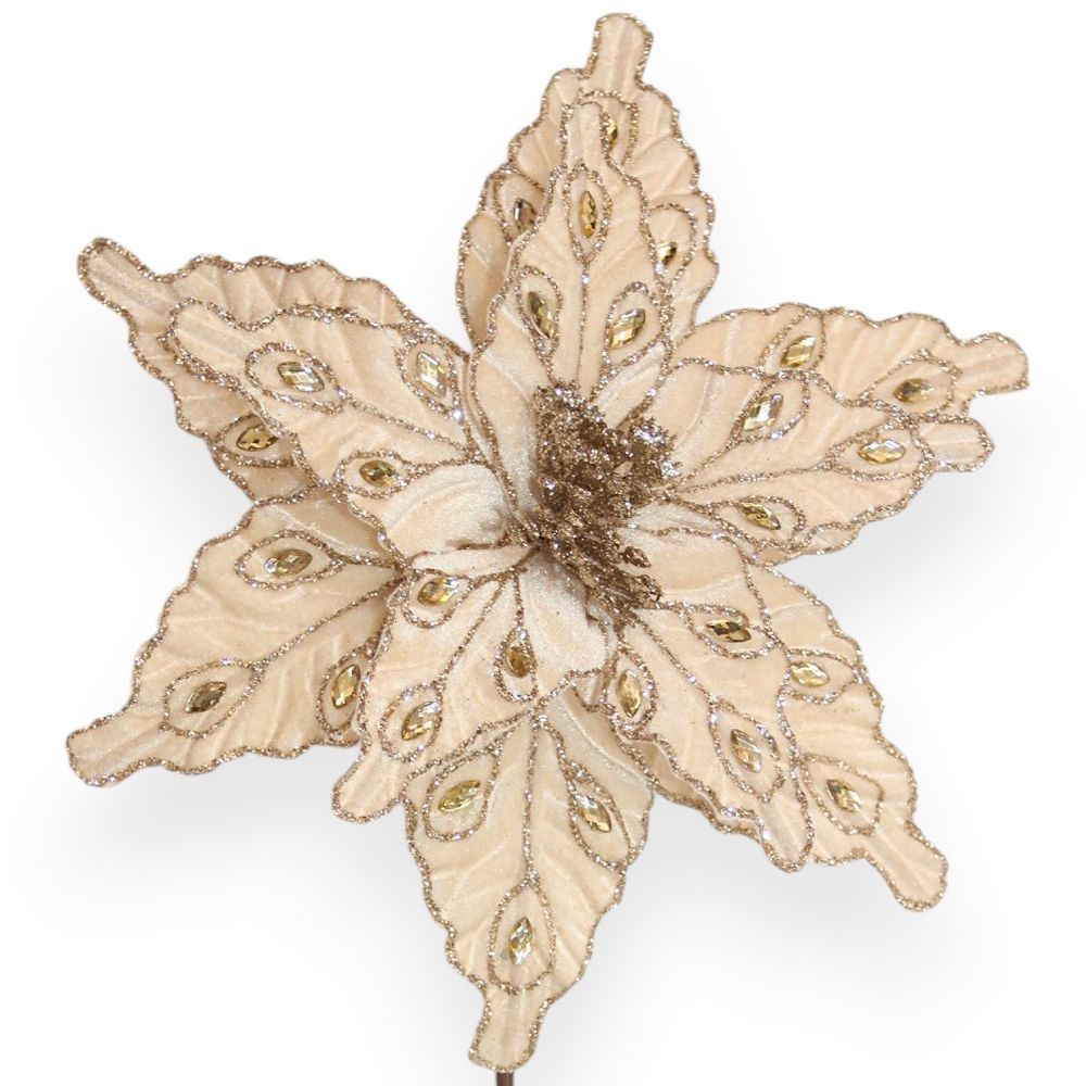 Jeweled Velvet Poinsettia Stem 11"