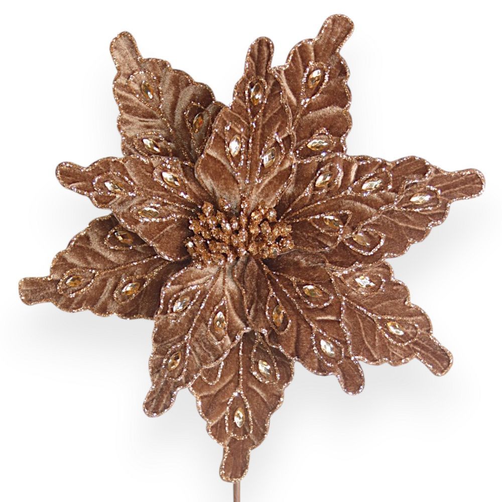 Jeweled Velvet Poinsettia Stem 11"