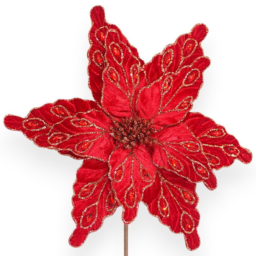 Jeweled Velvet Poinsettia Stem 11"