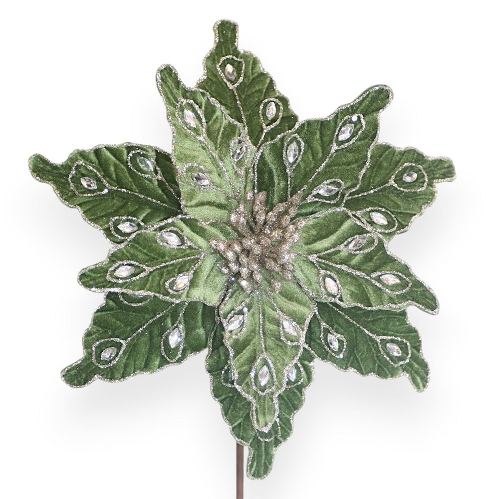 Jeweled Velvet Poinsettia Stem 11"