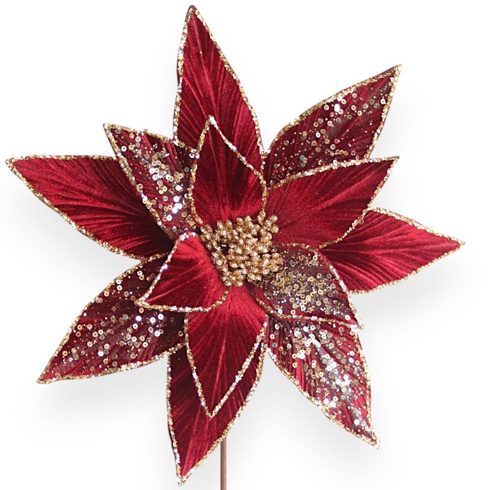 Velvet Poinsettia Stem with Sequin & Glitter Accents 11"
