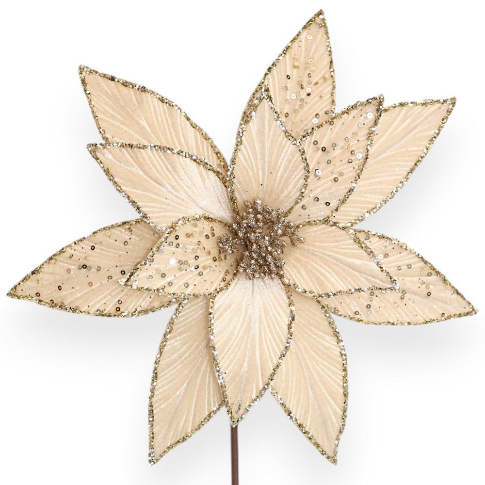 Velvet Poinsettia Stem with Sequin & Glitter Accents 11"