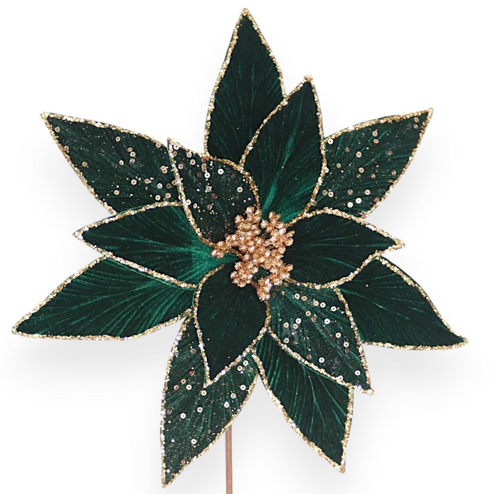 Velvet Poinsettia Stem with Sequin & Glitter Accents 11"