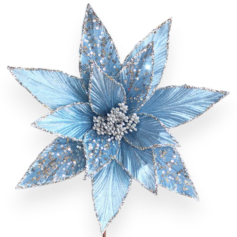 Velvet Poinsettia Stem with Sequin & Glitter Accents 11"