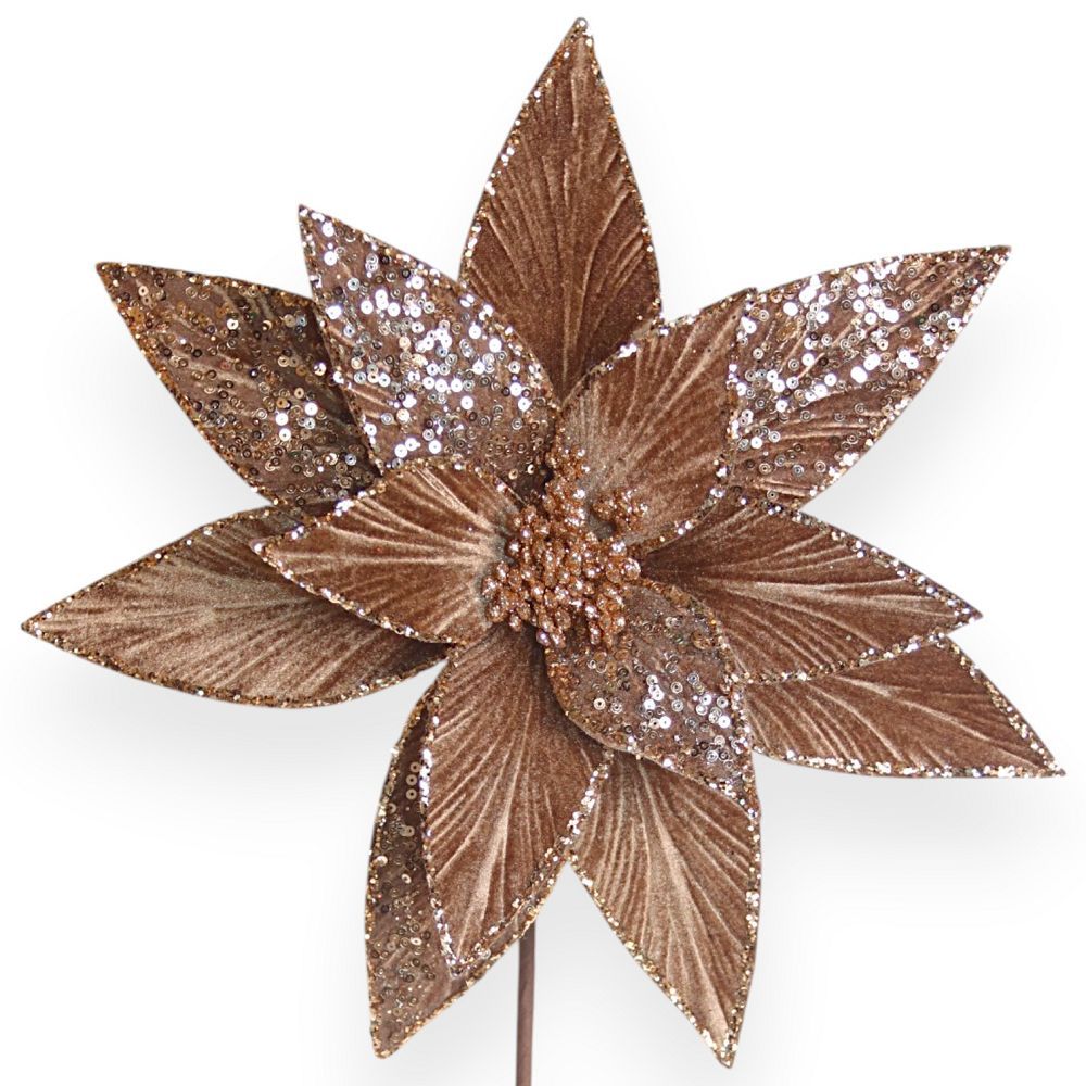Velvet Poinsettia Stem with Sequin & Glitter Accents 11"