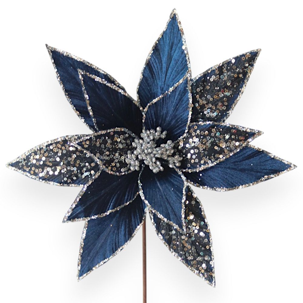 Velvet Poinsettia Stem with Sequin & Glitter Accents 11"