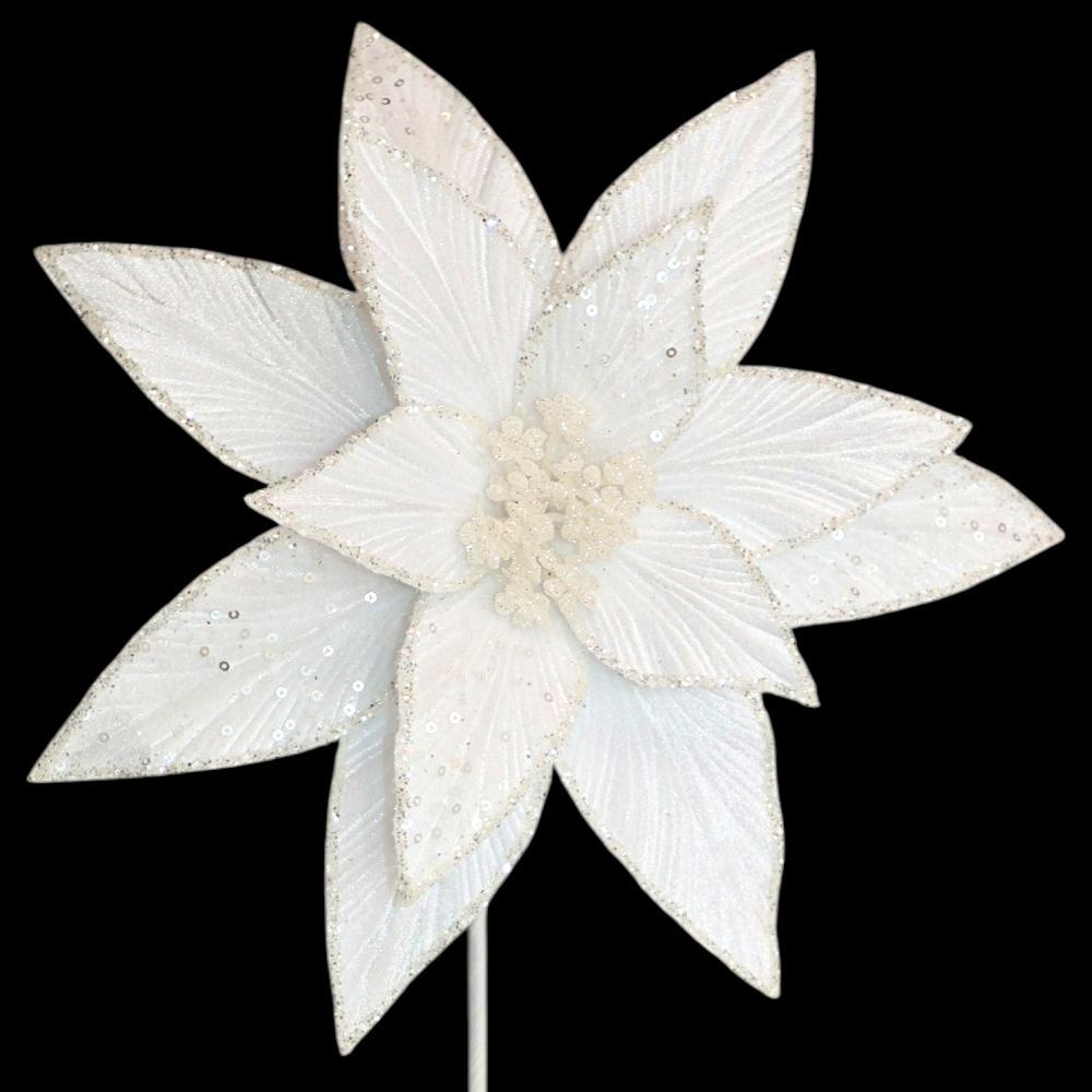 Velvet Poinsettia Stem with Sequin & Glitter Accents 11"