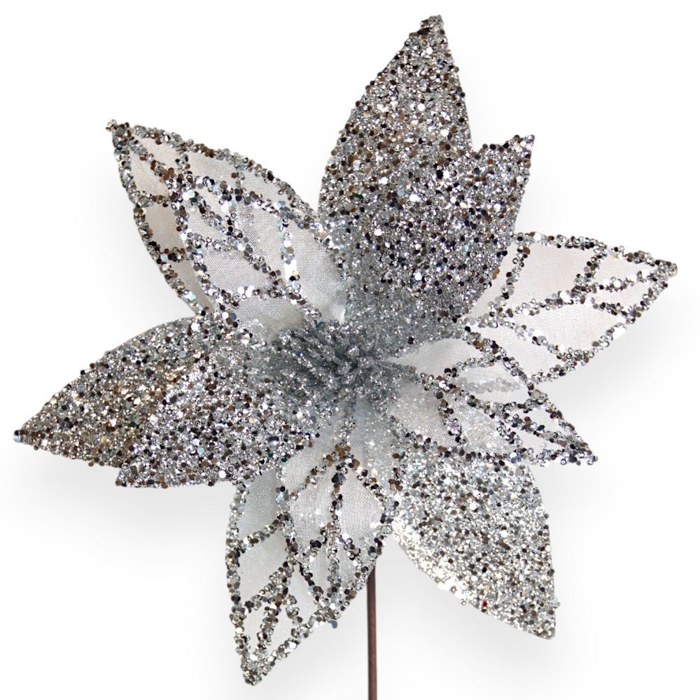 Glitter Poinsettia Stem 13"