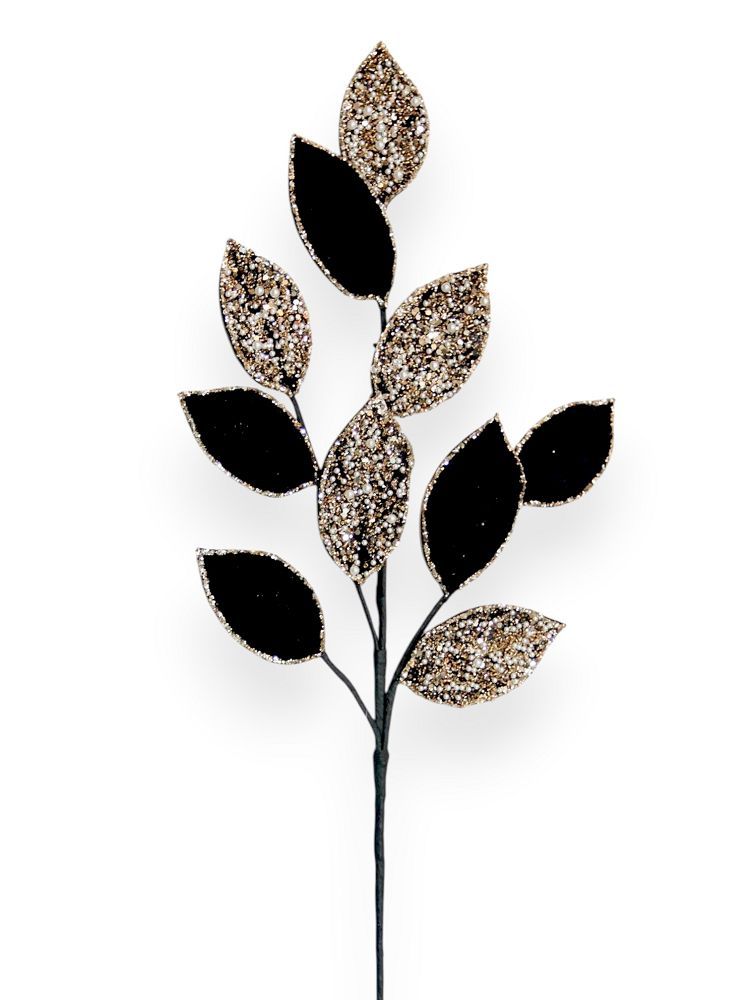 Black & Gold Glitter Beaded Leaf Spray 28"