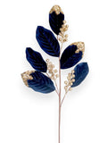 Navy Velvet & Gold Glitter Leaf Spray 28"