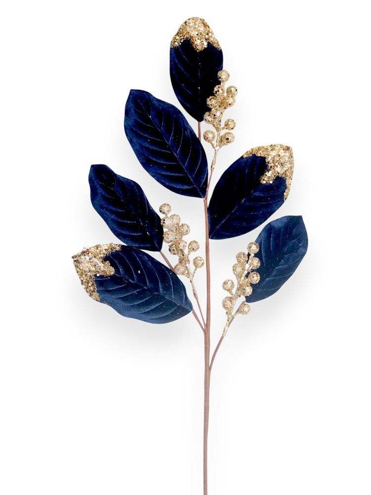 Navy Velvet & Gold Glitter Leaf Spray 28"