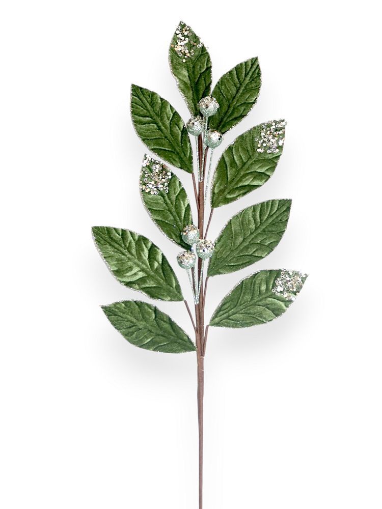Green Velvet Leaf & Berry Spray with Glitter 26"