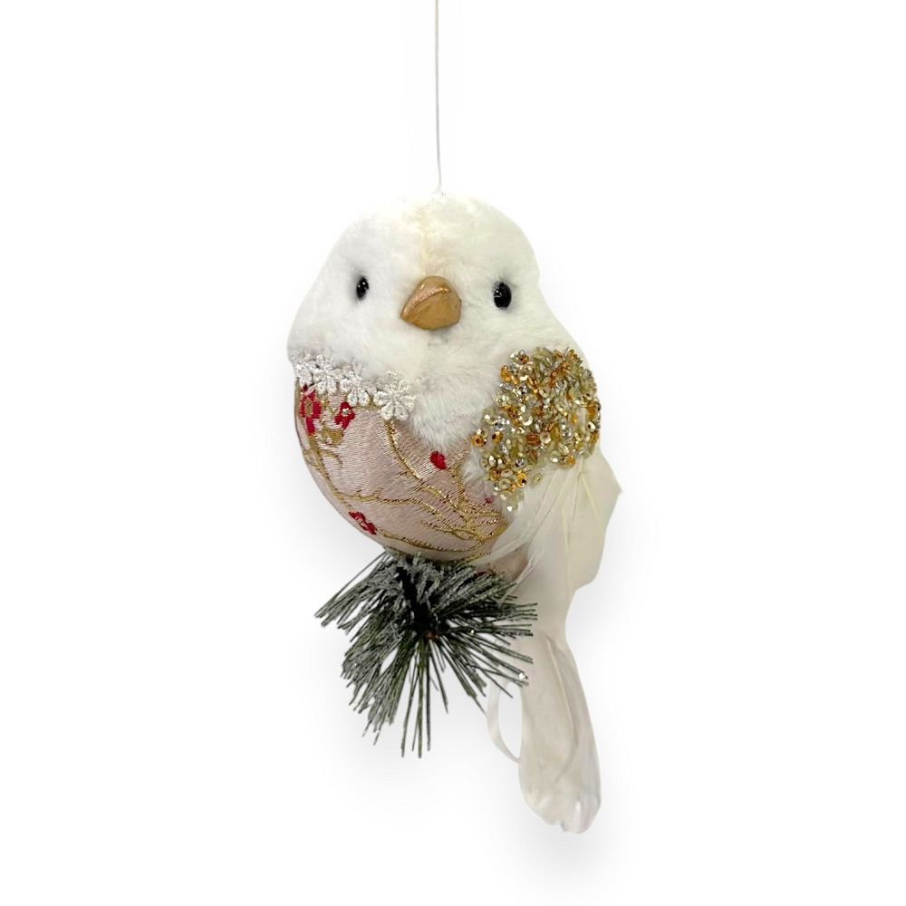 White & Gold Floral Hanging Bird Ornament