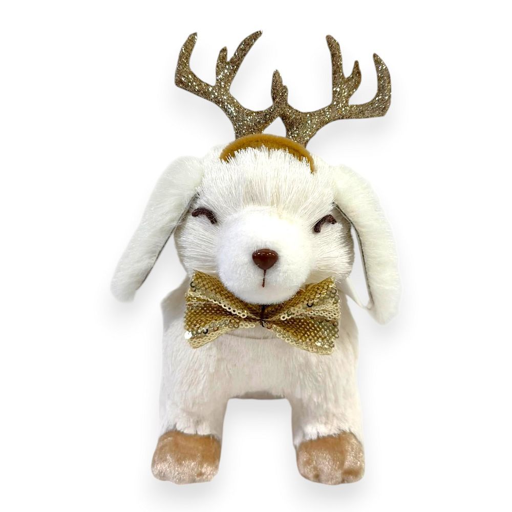 Puppy with Glitter Antlers & Gold Bow