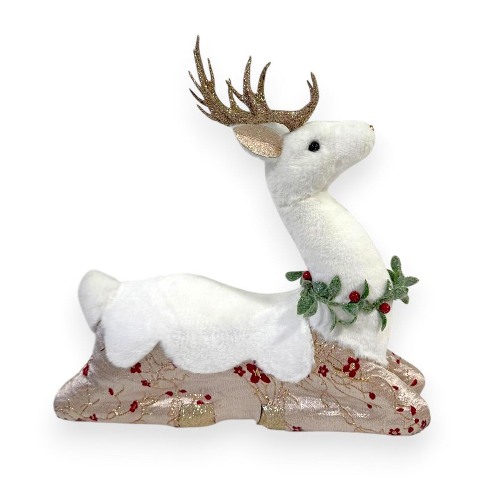 White & Champagne Gold Resting Floral Christmas Reindeer
