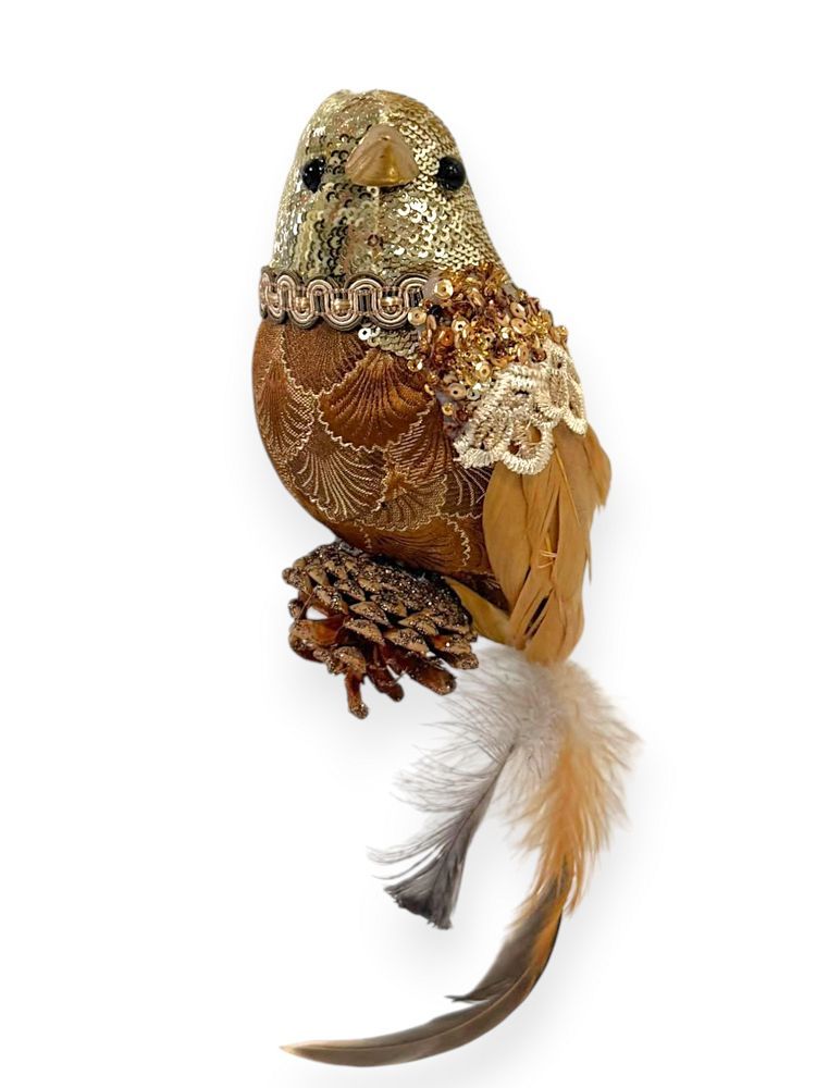 Gold & Bronze Sequin Bird with Feather Tail