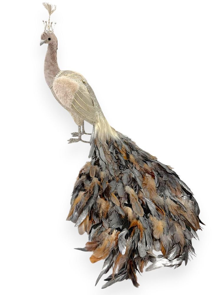 Royal Silver Peacock with Feather Train 32"