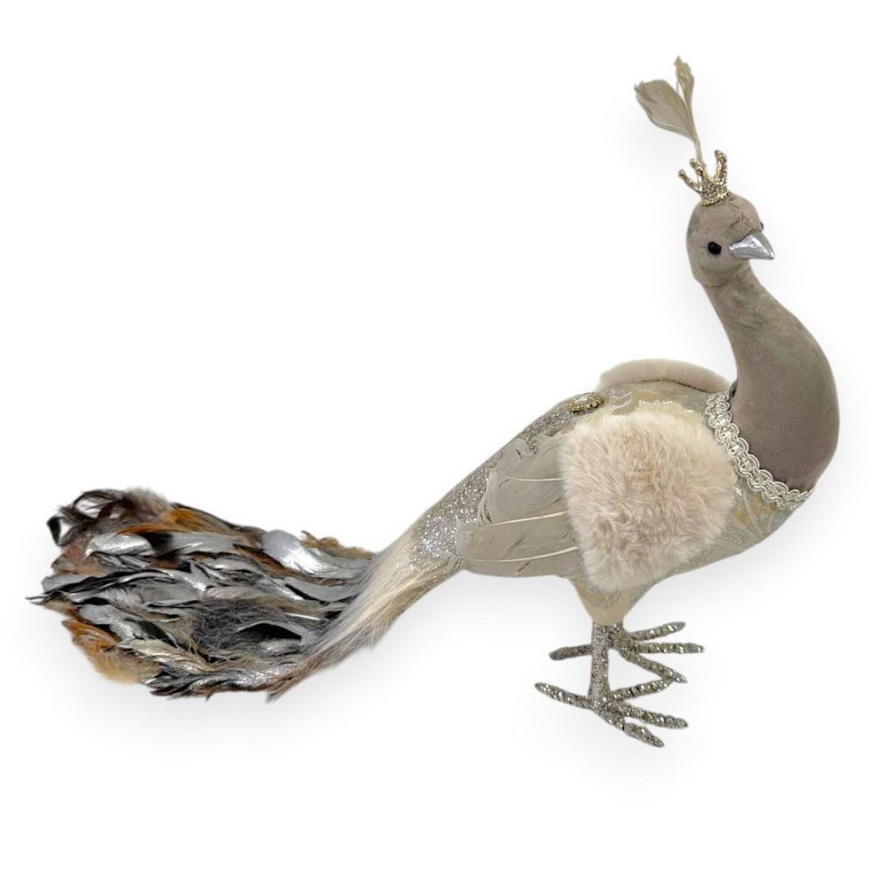 Elegant Silver Peacock with Feather Tail 20"