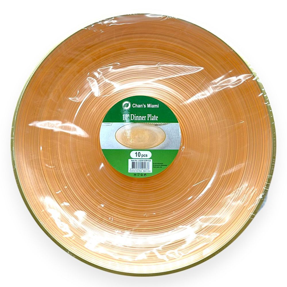 Orange Plastic Plates with Gold Rim 10pcs