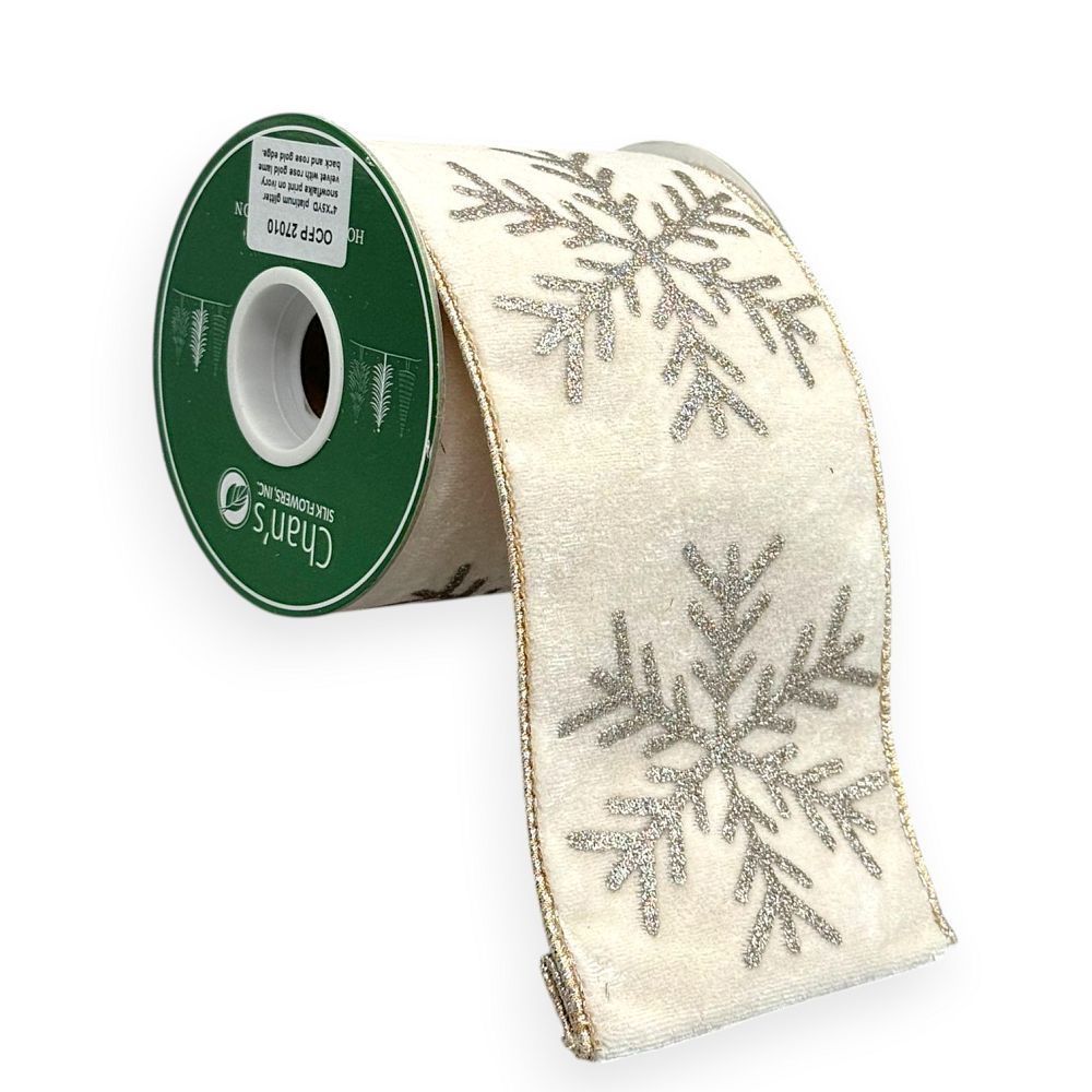 Ivory Velvet Ribbon with Snowflakes 4"x 5YD