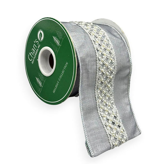 Silver Ribbon with Pearl & Crystal 4"X5YD