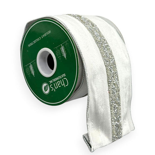 White Velvet Ribbon with Silver Bead Stripe 4"x 5YD