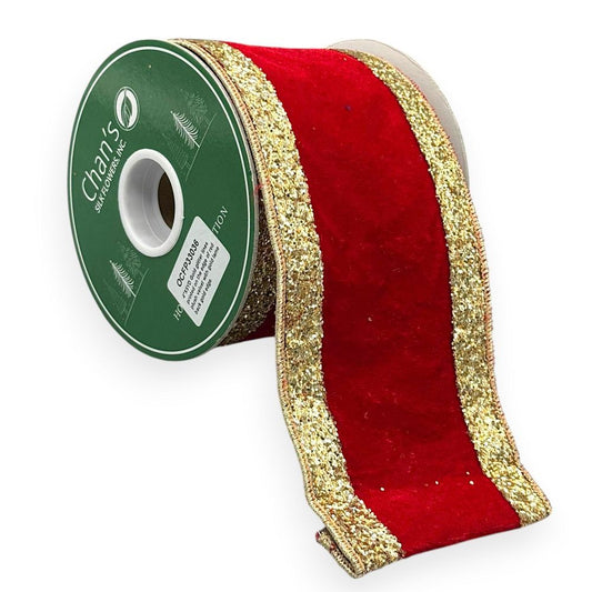 Red Velvet Ribbon with Gold Glitter 4"X5YD