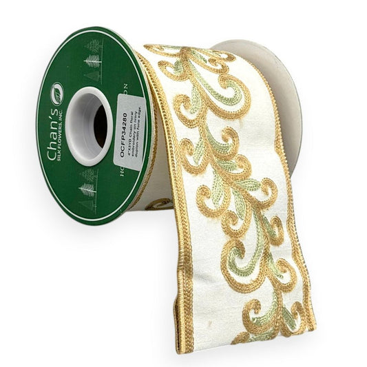 Ivory & Gold Embroidered Scroll Ribbon 4"x 5YD