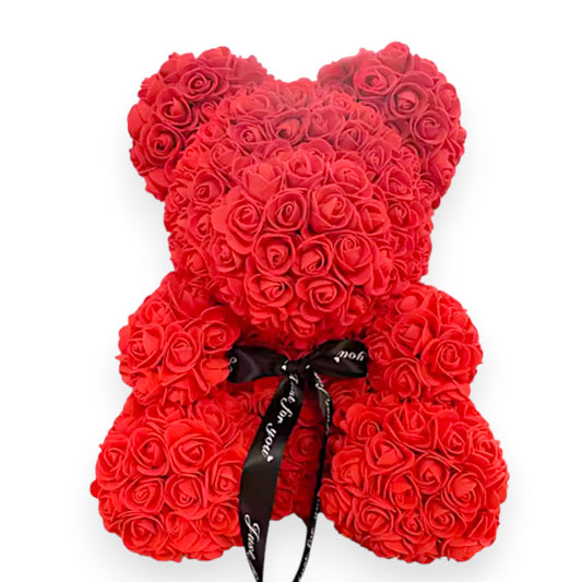 Rose Bear with Clear Display Box & Ribbon – 35 cm