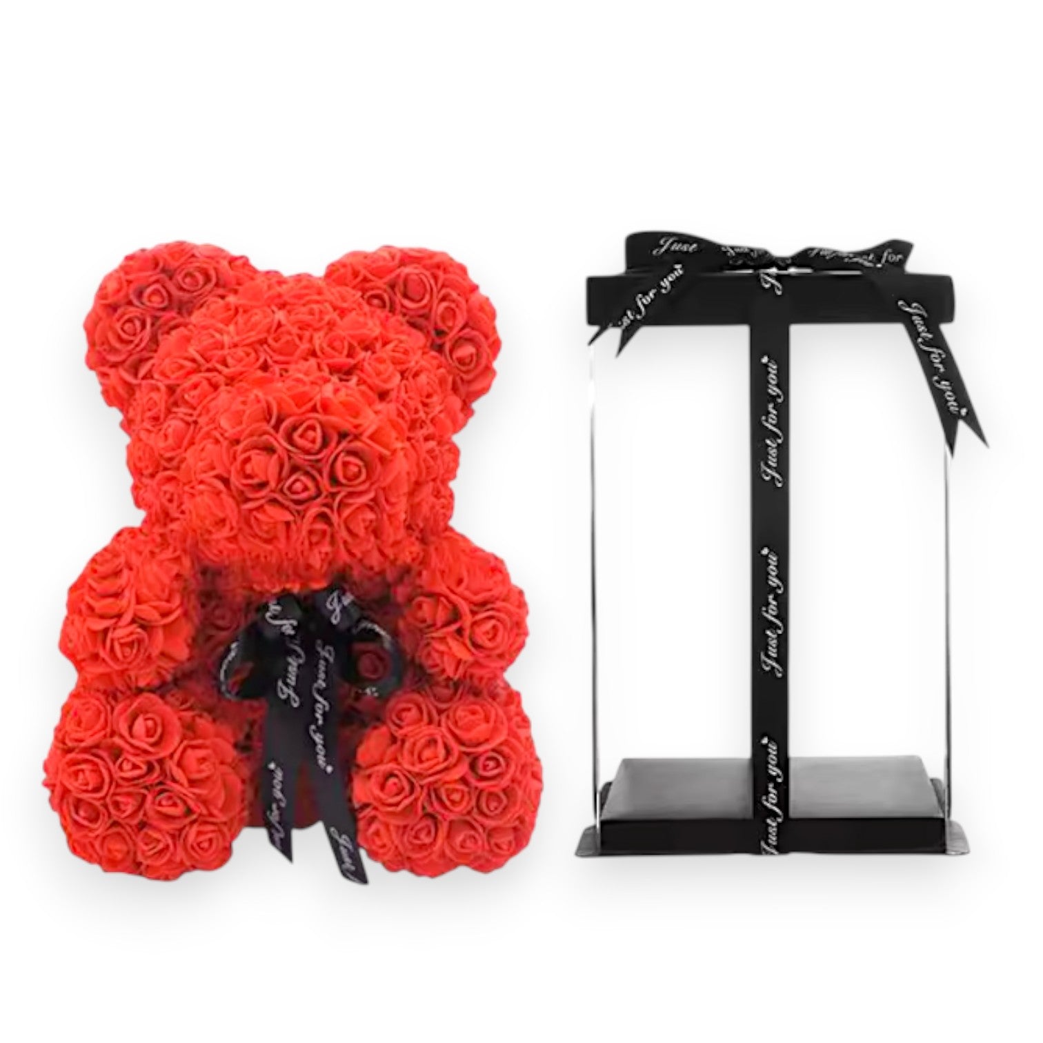 Rose Bear with Clear Display Box & Ribbon – 35 cm