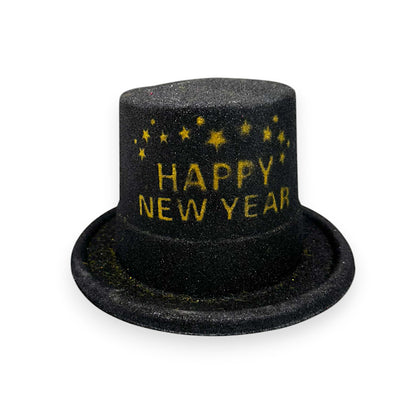HAPPY NEW YEAR HAT BLACK PLASTIC W/GLITTER