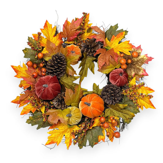 MAPLE PINE CONE PUMPKIN WREATH 24"