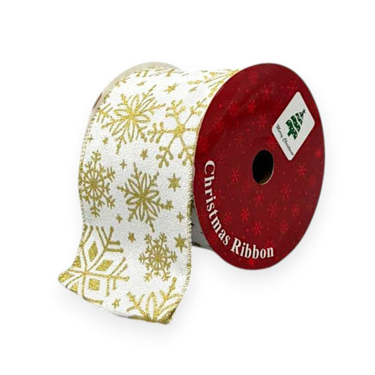White & Gold Snowflake Ribbon – Wired Edge